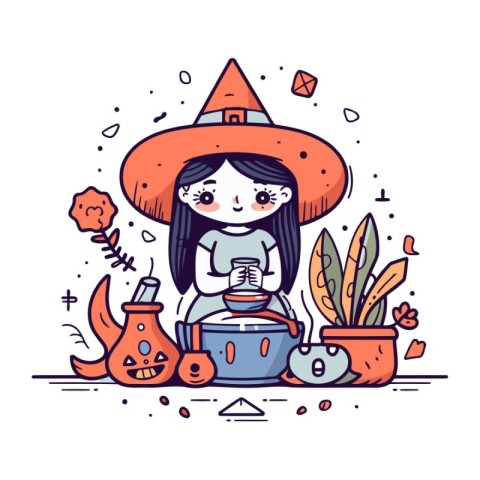 Cute cartoon girl in a witch costume for Halloween. Vector illus