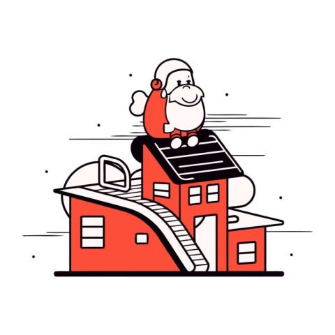 Santa Claus on the roof of a house. Vector illustration in line