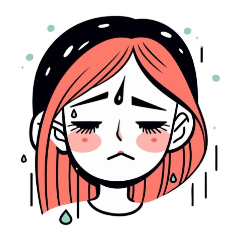 Crying girl with pink hair. Vector illustration in cartoon style