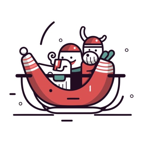 Santa Claus and snowman on a sleigh. Vector illustration.