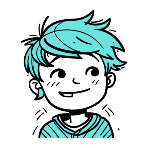 cute happy boy with blue hair and green eyes. vector illustratio