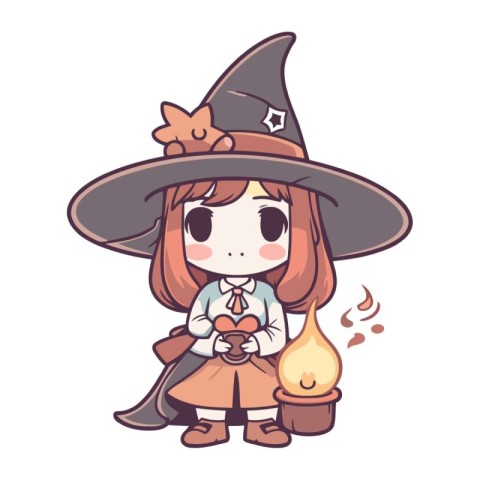 Illustration of a cute little witch with a candle in her hand