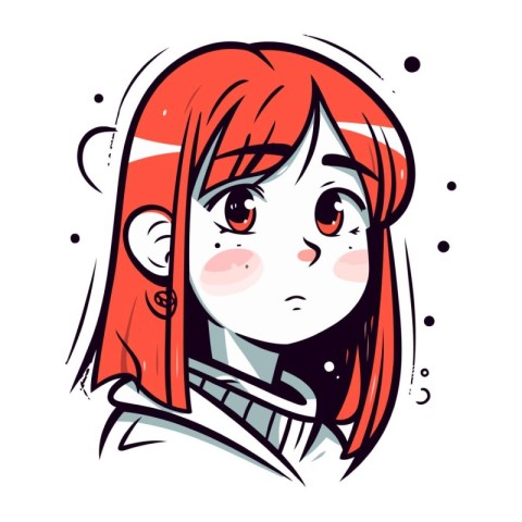 Cute anime manga girl with red hair. Hand drawn vector illustrat