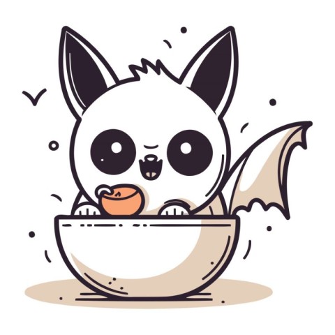 Cute cartoon kawaii bat in bowl. Vector illustration.