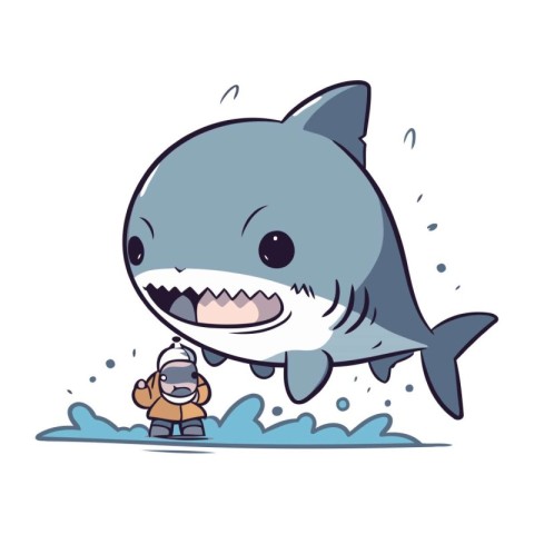 Shark catching fish. Cute cartoon character. Vector illustration