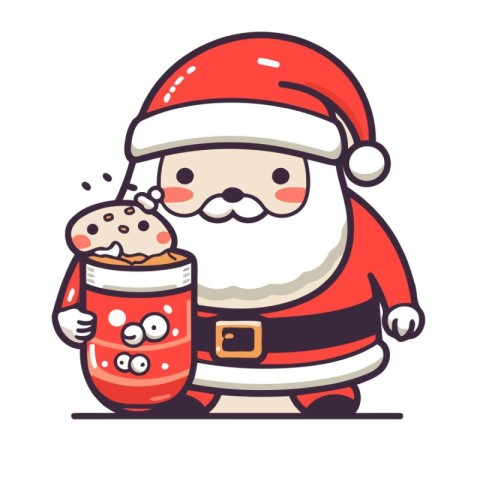 Santa Claus holding a cup of hot chocolate and cookies. Vector i