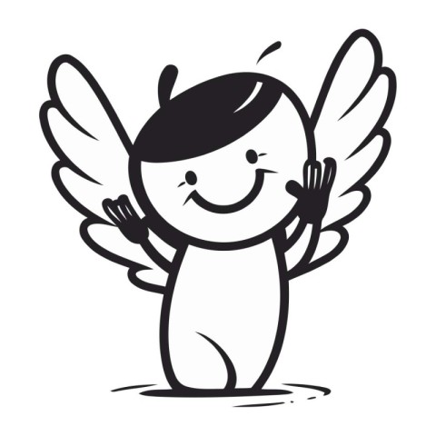 Cute cartoon angel. Vector illustration. Black and white version