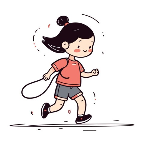 Cute little girl running with a skipping rope. Vector illustrati