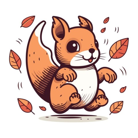 Cute squirrel sitting on the ground with autumn leaves. Vector i
