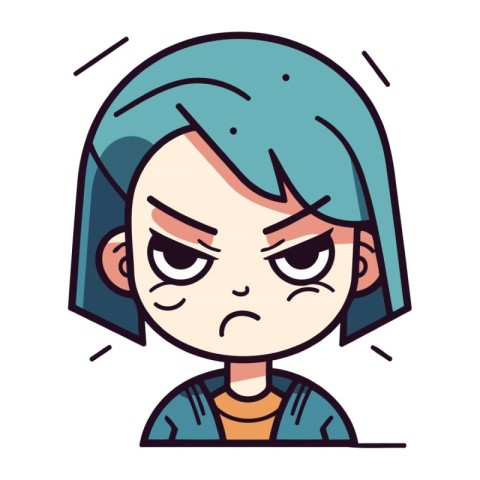 Sad girl with blue hair. Vector illustration in flat cartoon sty