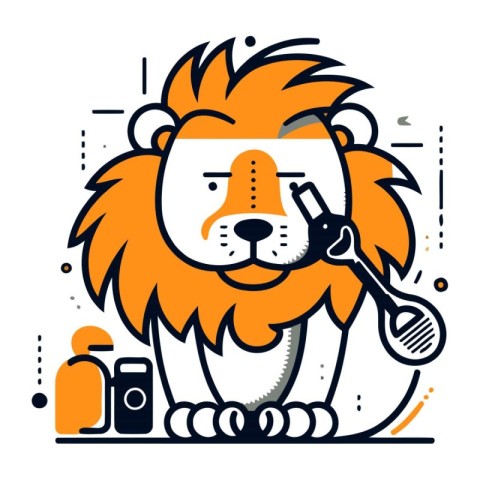 Lion with a hairdresser. Vector illustration in line style.