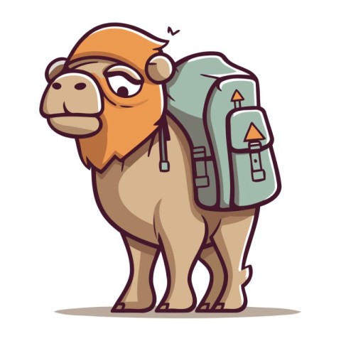 Cartoon illustration of a camel with a backpack. Vector illustra