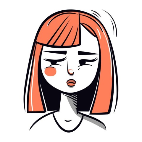 Vector illustration of a girl with red hair. The girl is sad.