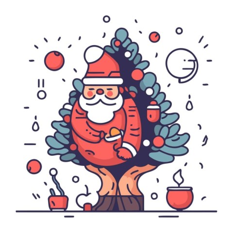 Christmas tree with Santa Claus and coffee cup. Vector illustrat