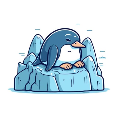 Cute cartoon penguin sitting on the ice. Vector illustration.