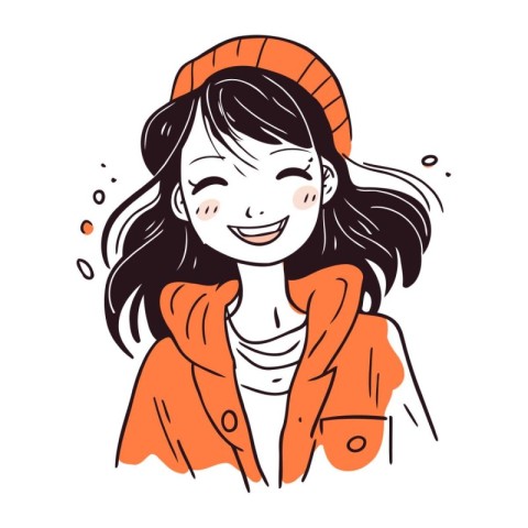 Smiling young woman in winter clothes. Hand drawn vector illustr