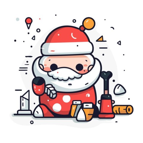 Santa Claus with Christmas gifts. Vector illustration in line ar