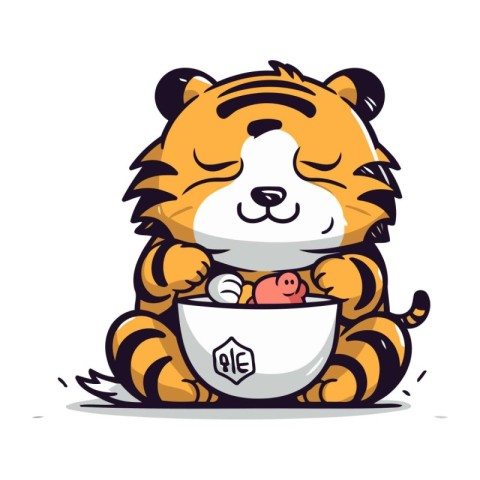 Cute tiger with a cup of tea. Vector cartoon illustration.