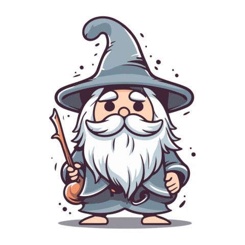 Cartoon wizard with magic wand. Vector illustration isolated on