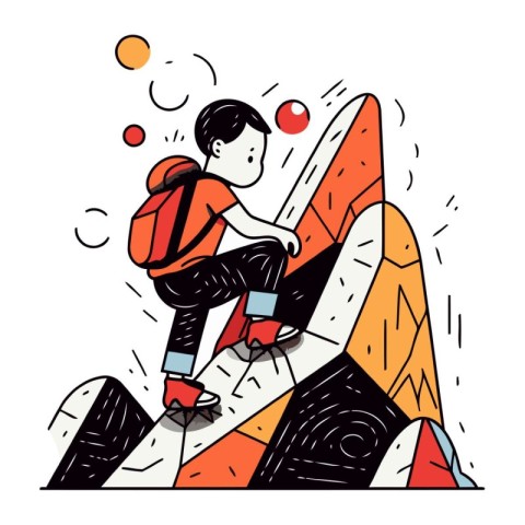 Man climbing up the mountain. Vector illustration in line art st