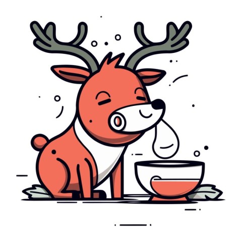 Cartoon cute reindeer with bowl of soup. Vector illustration.