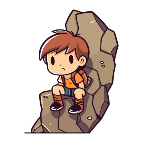 Little boy sitting on a rock. Vector illustration in cartoon sty