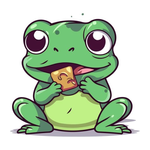 Frog with a piece of bread in his hand. Vector illustration.