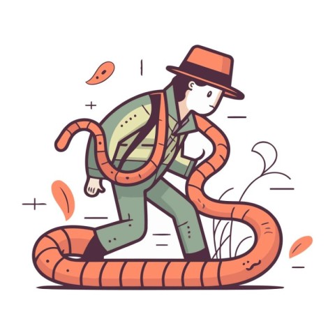 Vector illustration of a man in a hat and with a big snake.