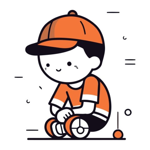 Cute little boy in orange cap and baseball cap sitting on the ba