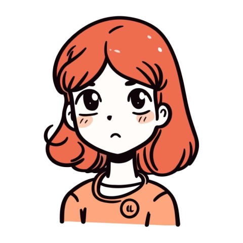 Cartoon illustration of a little girl with red hair and sad eyes