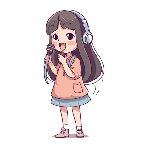 Cute little girl singing karaoke. Vector illustration in cartoon