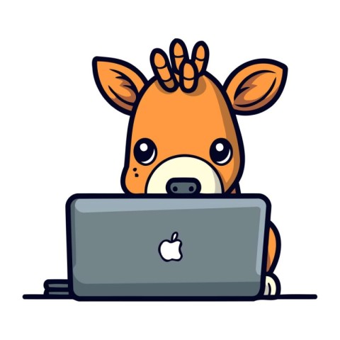 illustration of cute cartoon giraffe with laptop on white backgr