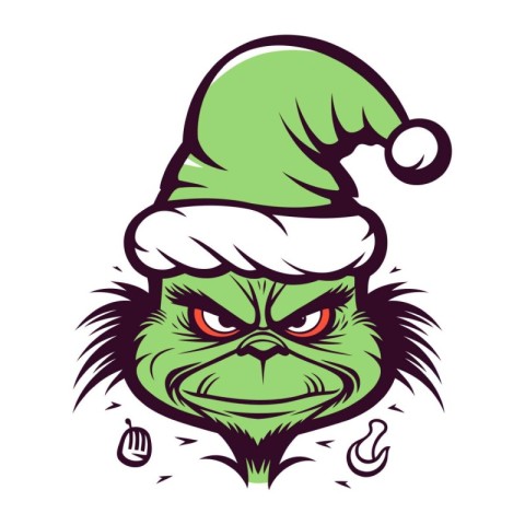 Vector illustration of a green angry cat in a christmas hat.