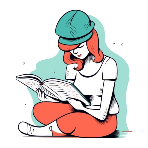 Beautiful girl reading a book. Vector illustration in sketch sty