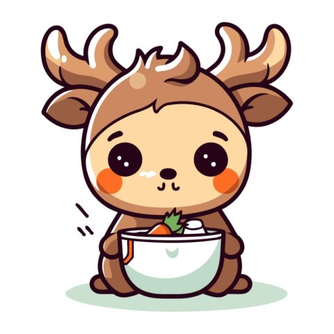 Cute reindeer with a bowl of soup. Vector illustration.