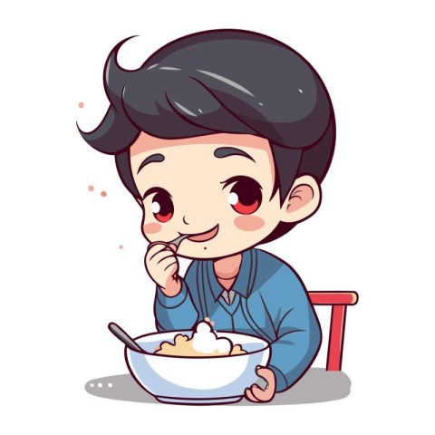 Cute boy eating ice cream in a bowl. Vector illustration.