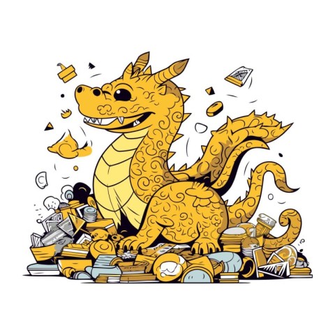 Cartoon illustration of a dragon with a lot of books. Vector ill