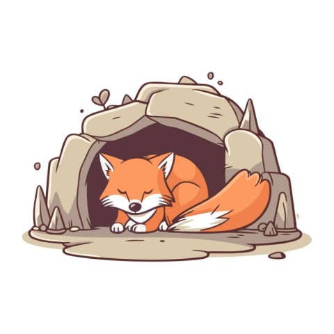 Cute fox in the cave. Vector illustration. Cartoon style.