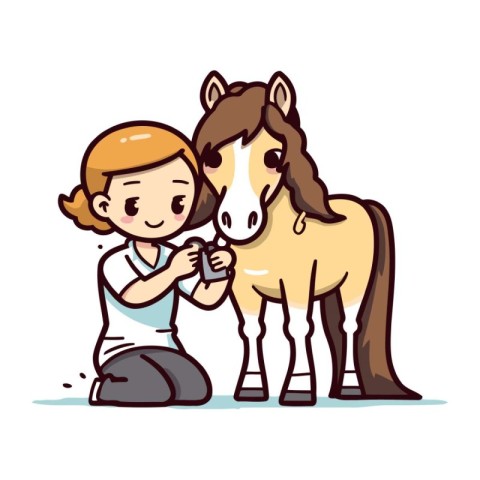 Little girl with a horse. Vector illustration in a flat style.