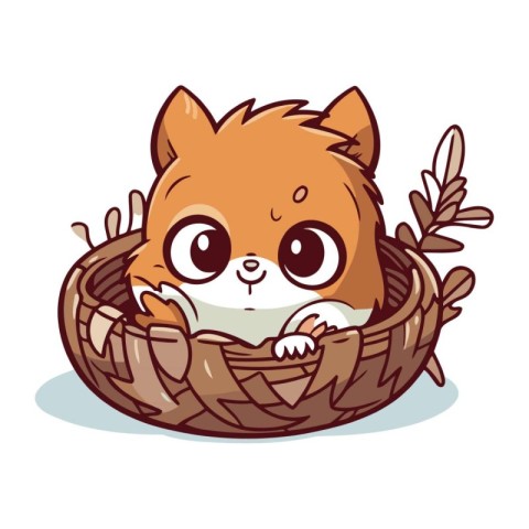 Cute kawaii cat in a basket. Vector illustration.