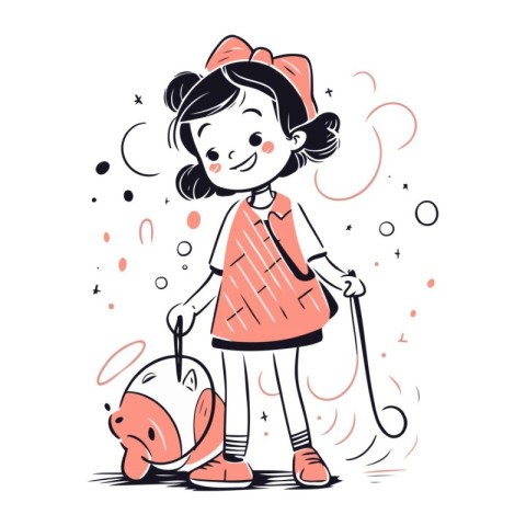 Cute little girl playing with piggy bank. Vector illustration.