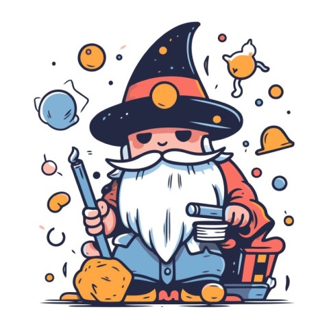 Wizard in a hat with a broom and a bucket. Vector illustration.