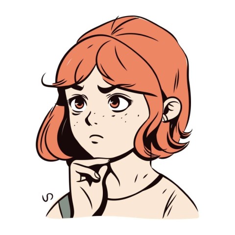 Vector illustration of a young woman with red hair in a thoughtf