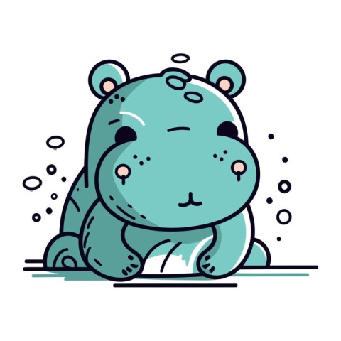 Cute cartoon hippopotamus sitting and crying. Vector illustratio