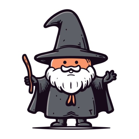 Cartoon wizard with magic wand on white background. Vector illus