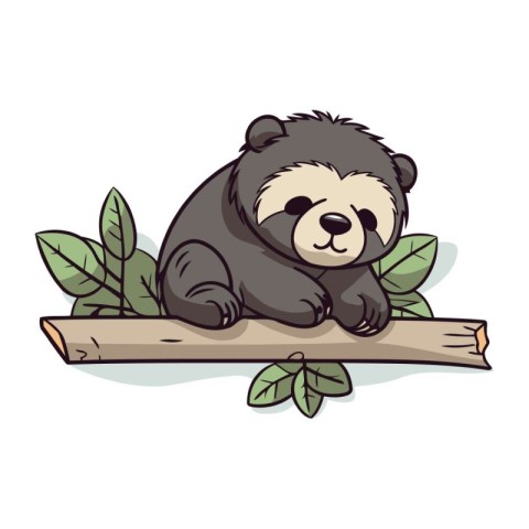 Panda sleeping on a branch with green leaves. Vector illustratio