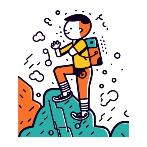 Man climbing up the mountain. Flat line art style vector illustr