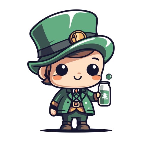 Leprechaun boy with a bottle of milk. Vector illustration.