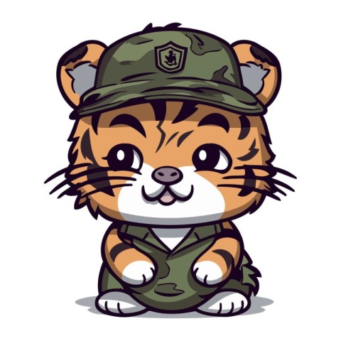 Vector illustration of a cute tiger wearing a military uniform a