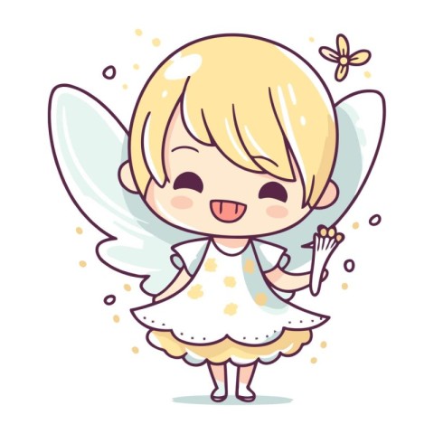 Cute cartoon fairy with wings and magic wand. Vector illustratio